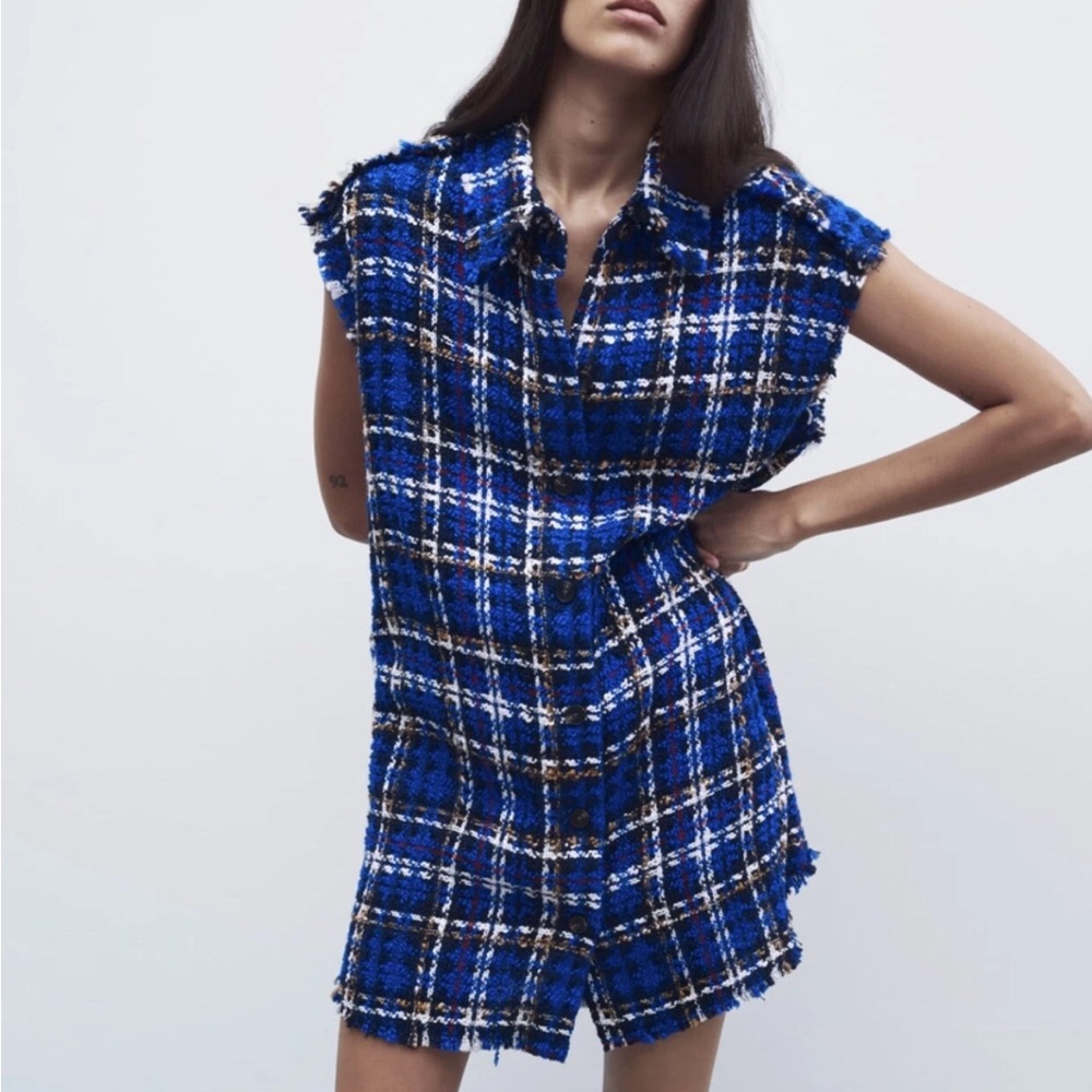 Zara Tweed Textured Mini Dress Button-Down Collared Women’s Small Blue Plaid
